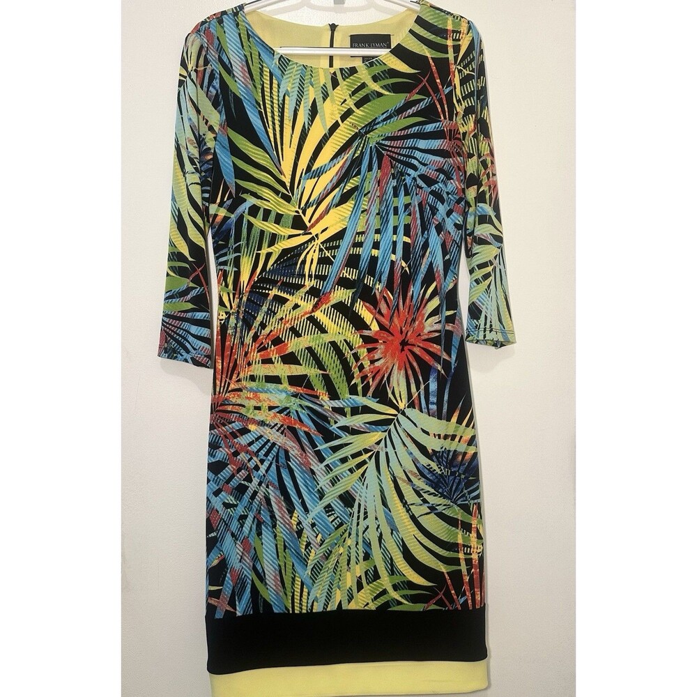 Frank Lyman Tropical Palm Print Sheath Dress 3/4 Sleeve Knee Length Stretch 10